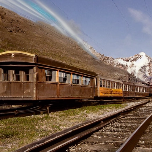 antiguo tren de vapor a través de la nieve, paisaje escénico, entorno deslumbrante, amanecer, leve oscuridad, detalles ultra, detalles intrincados, iluminación volumétrica, colores vivos, fotorealista, alta resolución, arte digital, ultra lente gran angular, vista aérea, vista elevada