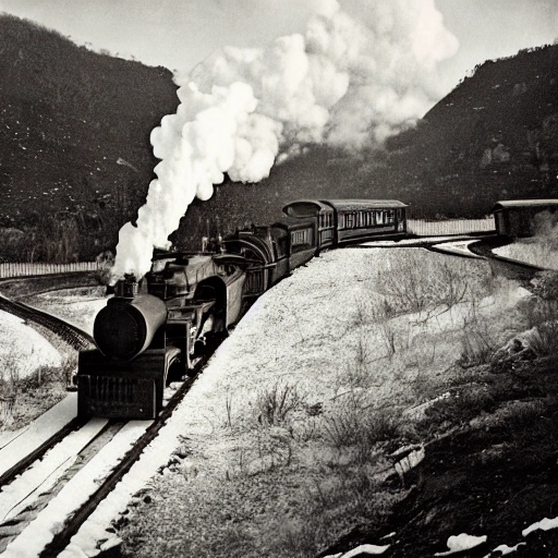 antiguo tren de vapor a través de la nieve, paisaje escénico, entorno deslumbrante, amanecer, leve oscuridad, detalles ultra, detalles intrincados, iluminación volumétrica, colores vivos, fotorealista, alta resolución, arte digital, ultra lente gran angular, vista aérea, vista elevada