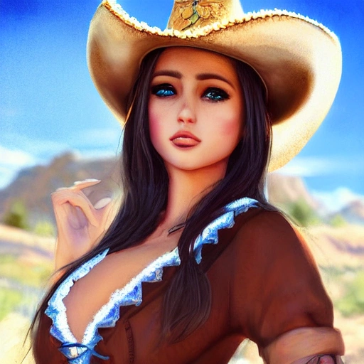 Niña hermosa de ojos azules, deslumbrante, (((sultry flirty look))), beautiful symmetrical face, cute natural makeup, (wearing brown cowboy hat), (wearing traditional clothing), (showing cleavage), confident pose, elegant, feminine, ((Utah landscape in background)), wild west, ultra realistic, character concept art, highly detailed, intricate, (sharp focus), 85mm, medium shot, mid shot, (centered image composition), ((professionally color graded)), ((bright soft diffused light)), volumetric fog, trending on instagram, trending on tumblr, hdr 4k, 8k