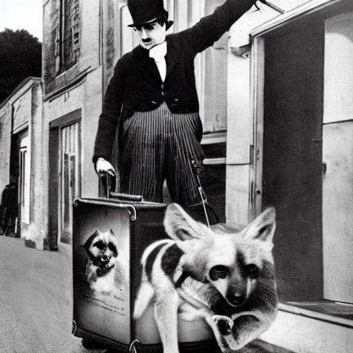 , Cartoon, charlie Chaplin assis sur une valise au bord de la route, building derrière le personnage, avec des couleures de peintures chaudes sur les buildings, le chien dingo à côté