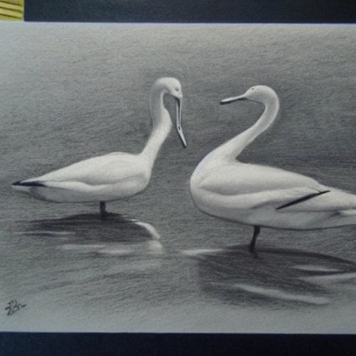 atardecer con puesta de sol, pajaros, cisnes, barca, , Pencil Sketch