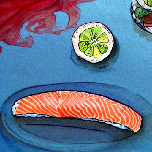 salmon sushi in the water, Cartoon, Water Color