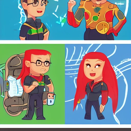 money saving heroes Tosia and Tymek something with AI, illustration, animation style,  Cartoon