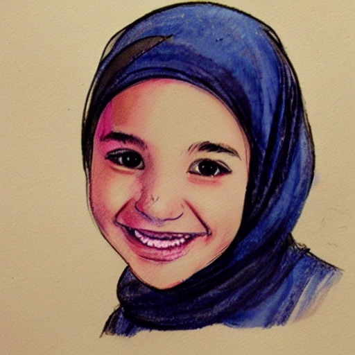  hijab, smiling young girl, Water Color, Pencil Sketch