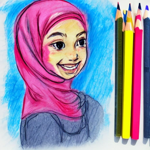  hijab, smiling young girl, classroom, Water Color, Pencil Sketch