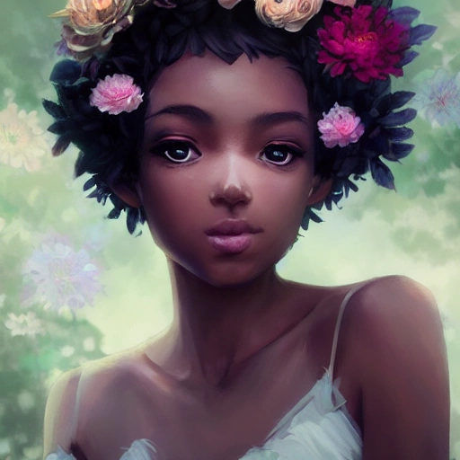 Closeup face portrait of a black girl wearing crown of flowers, smooth soft skin, big dreamy eyes, beautiful intricate colored hair, symmetrical, anime wide eyes, soft lighting, detailed face, by makoto shinkai, stanley artgerm lau, wlop, rossdraws, concept art, digital painting, looking into camera
