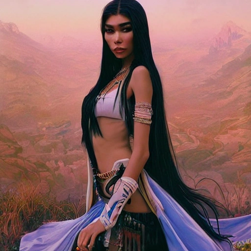 mdjrny-v4 style portrait photo of madison beer as pocahontas, young beautiful brunette woman, perfectly symmetrical face, transparent latex skirt, (((wild west))) environment, japanese street scene, surreal, concept artistic, elegant, ((complex) ), ((very detailed)), depth of field, ((professional color grading)), 8k, artgerm and greg rutkowski and alphonse mucha art