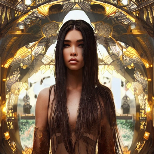 mdjrny-v4 style portrait photo of Madison Beer as Pocahontas, young beautiful brunette woman, perfectly symmetrical face, transparent latex skirt, (((Japan))) environment, japanese street scene, surreal, concept art , elegant, ((complex) ), ((very detailed)), depth of field, ((professional color grading)), 8k, artgerm and greg rutkowski and alphonse mucha art