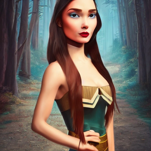 3D animation style portrait photo as Pocahontas, young beautiful brunette woman with perfect symmetrical face, transparent latex dress, (((wild west))) environment, Japanese street scene, surreal, concept art, elegant, ((complex) ), ((very detailed)), depth of field, ((professional color correction)), 8k
