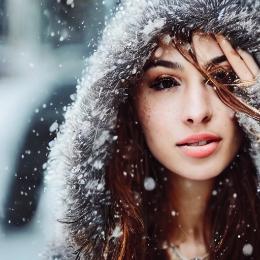 professional portrait photograph of a gorgeous Colombian girl in summer clothing with long wavy brunnet  hair, ((sultry flirty look)), freckles, beautiful symmetrical face, cute natural makeup, wearing elegant winter fashion clothing, ((standing outside in snowy city street)), stunning modern urban upscale environment, ultra realistic, concept art, elegant, highly detailed, intricate, sharp focus, depth of field, f/1.8, 85mm, medium shot, mid shot, (centered image composition), (professionally color graded), ((bright soft diffused light)), volumetric fog, trending on instagram, trending on tumblr, hdr 4k, 8k