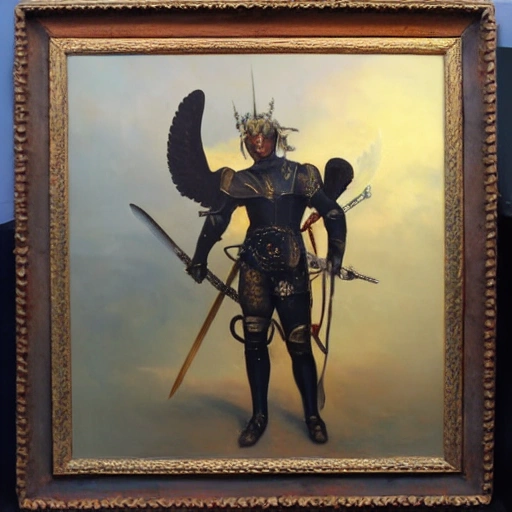 Male fallen angel clad in armor wielding a sword in frame, Oil Painting