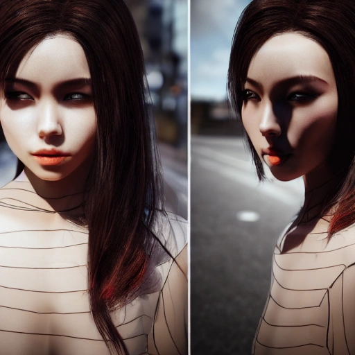 3D animation style portrait photo, young beautiful brunette woman, beautiful Japanese girl, perfectly symmetrical face, transparent latex dress, (((wild west))) environment, Japanese street scene, surrealism, concept art, elegant, ( (complex) ), ((very detailed)), depth of field, ((professional color correction)), 8k
