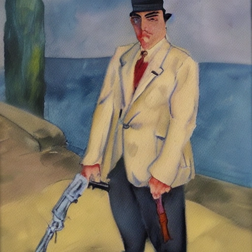 a fantasy character of me : very elegand person, Kangol, sharp, with a machine gun, 1920's mafia, Oil Painting, Water Color, Cartoon