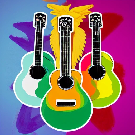 logo de guitarra con alas de colores verdes y naranjas 