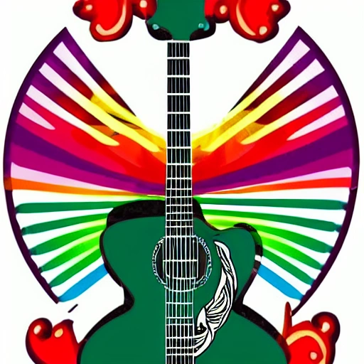 GENERAR UN logo de guitarra con alas de colores verdes y naranjas 