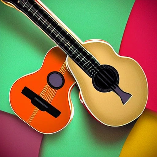 GENERAR UN logo de guitarra con alas de colores verdes y naranjas , 3D