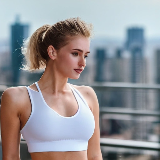 professional photo of a beautiful young woman, gorgeous beauty, sweaty pale skin, symmetrical face, wearing white sports bra, toned stomach, perfect boobs, dense voluminous hair, rooftop terrasse gym in background, penthouse environment, stunning background with city view, cinematic lighting, highly detailed, intricate, sharp focus, (((depth of field))), (((f/1.8))), 85mm, (((professionally color graded))), (((dusk))), soft diffused light, volumetric fog, hdr 4k, 8k