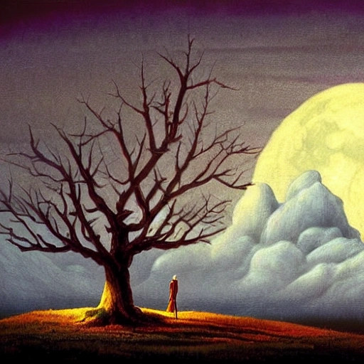 Digital painting of a surreal landscape featuring a giant tree with a native american tipi next to it, surrounded by a sea of clouds. The scene is lit by a bright full moon and the tree's branches are adorned with glowing lanterns. The overall style is a mix of Caspar David Friedrich and Hayao Miyazaki's artistic styles