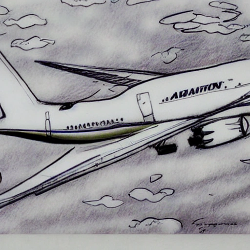 Avion Dreamliner viajes volando aeropuerto entre nubes grandes ciudades
, Cartoon, Pencil Sketch