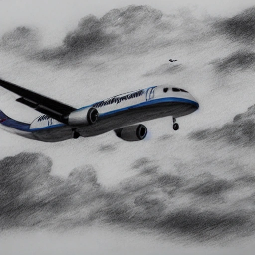 Avion comercial en vuelo entre nubes espesas aterrizando en pista de una gran ciudad 
, Pencil Sketch