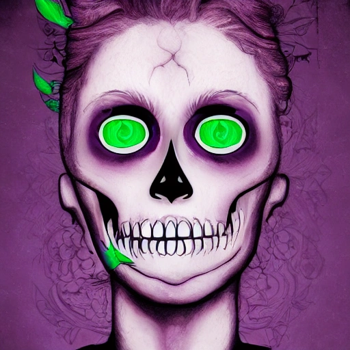 Exulansic, exulansis, exiled, woman, female, pain, purple, skull, green