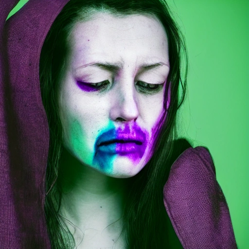 Exulansic, exulansis, exiled, woman, female, pain, purple, skull, green, grey, disintegrating