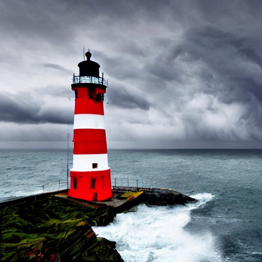 lighthouse in stormy ocean, cloudy rainy sky, sailing ship with sails