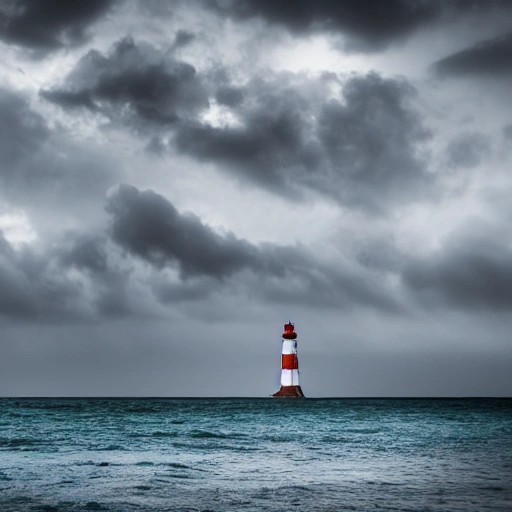 lighthouse in stormy ocean, cloudy rainy sky, sailing ship with sails, 