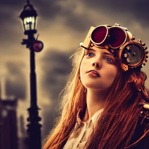 detailed, close up portrait of girl standing in a steampunk city with the wind blowing in her hair, cinematic warm color palette, spotlight, perfect symmetrical face