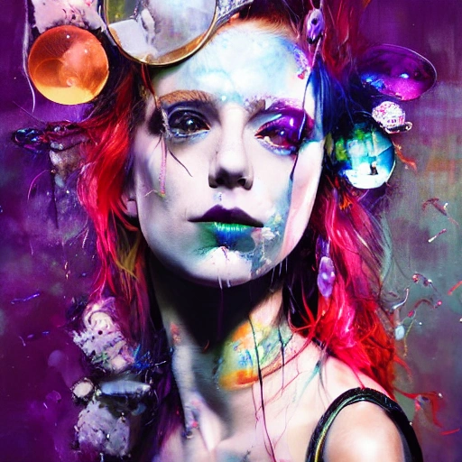 (snthwve style:1) (nvinkpunk:0.7) drunken beautiful woman as delirium from sandman, (hallucinating colorful soap bubbles), by jeremy mann, by sandra chevrier, by dave mckean and richard avedon and maciej kuciara, punk rock, tank girl, high detailed, 8k,
sharp focus, natural lighting, subsurface scattering, f2, 35mm, film grain
Negative prompt: cartoon, 3d, (illustration:1.2), ((disfigured)), ((bad art)), ((deformed)), ((poorly drawn)), ((extra limbs)), ((close up)), ((b&w)), weird colors, blurry
Size: 512x704, Seed: 2296294451, Steps: 30, Sampler: DPM++ 2M Karras, CFG scale: 7, Batch pos: 0, Batch size: 4, Model hash: 27ea8c02