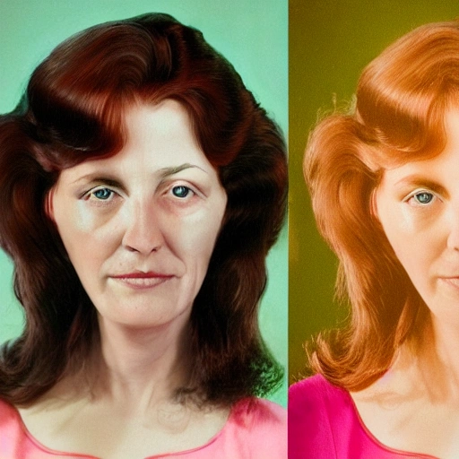 realistic and detailed color photograph showing the same woman twice, once in her twenties and once in her forties.