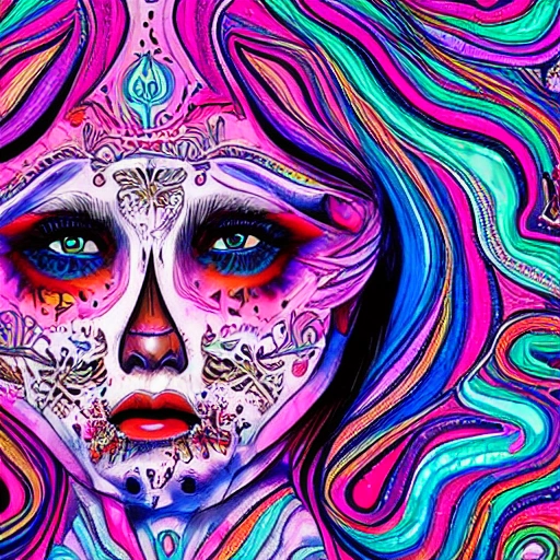 complete dead girl, head and shoulder, Psychedelic art , realistic, , intricate  Psychedelic background,  