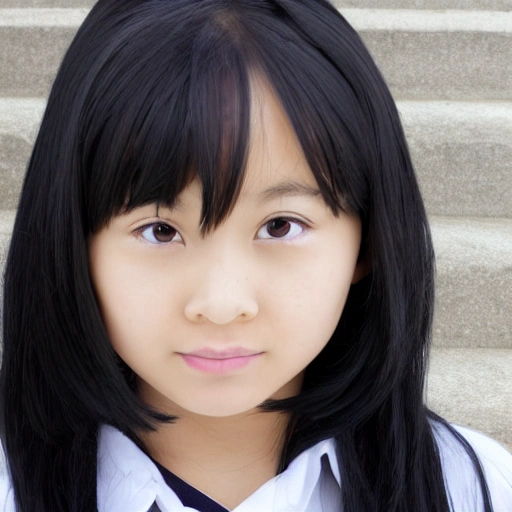 beautiful young girl standing in the forst, long black hair, white skin, school uniform, asian, brown eye, full body