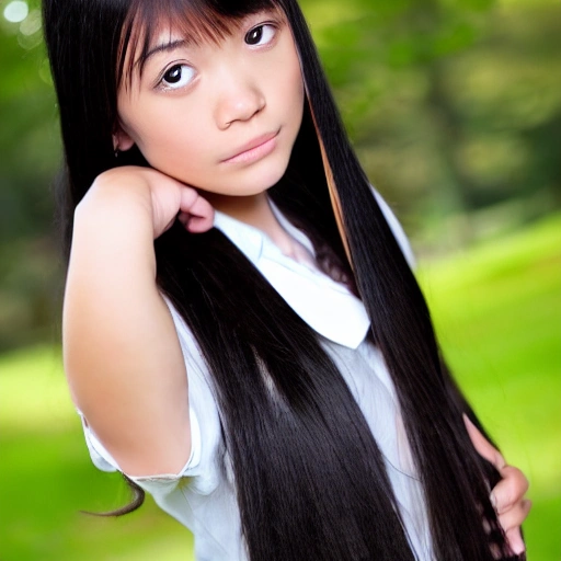 beautiful young girl standing in the forst, long black hair, white skin, school uniform, asian, brown eye, full body view