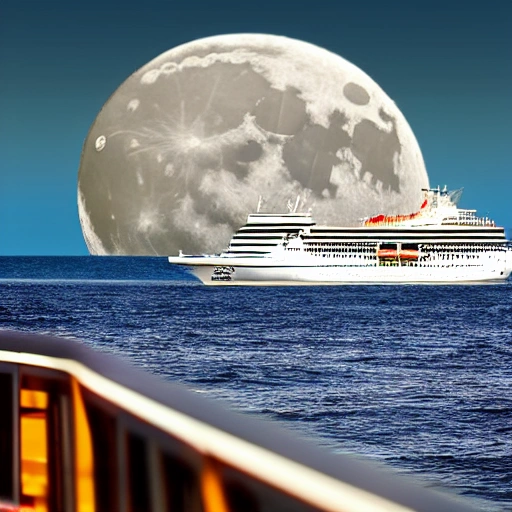 Rough Sea, Cruise ship, background moon