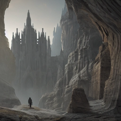 stunning city of stone inside a gray granite canyon, fusion of star wars and gothic revival architecture, by marc simonetti, natural volumetric lighting, realistic 4k octane beautifully detailed render, 4k post-processing —ar 9:16 —no people --uplight