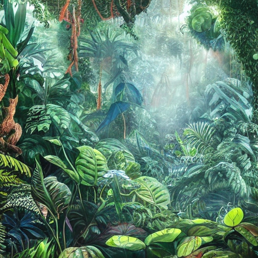 Digital illustration, detailed and intricate, of a dense jungle filled with exotic plants and animals, the sunlight filtering through the canopy creating a dappled effect. In the style of Yoshitaka Amano and Hayao Miyazaki, masterpiece, proportional, detailed, trending on artstation, beautiful lighting, realistic, intricate, award winning, 4k, highest quality, Pencil Sketch, Cartoon