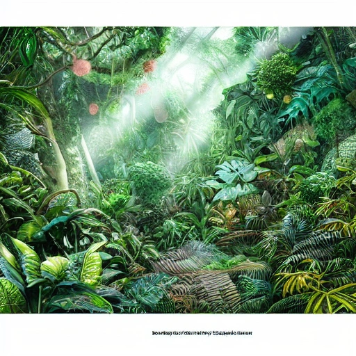 Digital illustration, detailed and intricate, of a dense jungle filled with exotic plants and animals, the sunlight filtering through the canopy creating a dappled effect. In the style of Yoshitaka Amano and Hayao Miyazaki, masterpiece, proportional, detailed, trending on artstation, beautiful lighting, realistic, intricate, award winning, 8k, highest quality, Pencil Sketch