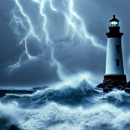 Lighthouse in the Ocean, Wave, Storm, Sky Cloudy, Detailed and Intricate, Fantasy, Cinematic, Beautiful Lighting