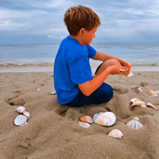 Boy collecting seashells on the beach