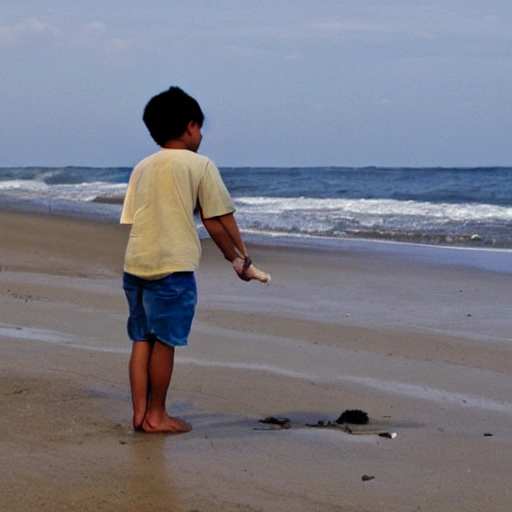 A young boy bends down to collect shells by the shore