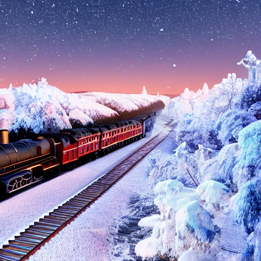 steam train driving through the snow, the polar express, scenic landscape, stunning environment, dusk, ultra detailed, octane render, ultra detail, intricate detail, volumetric lighting, vivid colours, photorealistic, photography, lifelike, high resolution, digital art, ultra wide angle lens, aerial view, elevated view, wallpaper --ar 3:2 --v 4