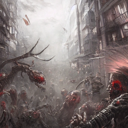 Award-winning, 4K digital painting in the style of Yoshitaka Amano. Detailed and intricate depiction of a zombie apocalypse, masterfully capturing the chaos and drama of the scene. Beautiful lighting and cinematic composition make this piece a true masterpiece, trending on artstation