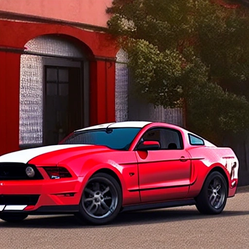 Mustang style car, scarlett red body color with pearl white strip decal, two door open with scrissor style, freedom side body decal, golden tint windows, detailed, 3D, 4K