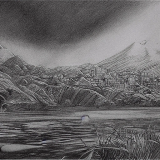 Landscape view of Hidden city of Oceania, Superfine pencil sketch, Detailed, Pencil Sketch