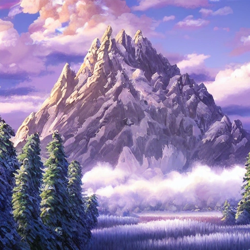 Ghibli style of painting with snowy far away mountain, HD, Full color, Oil Painting, Detail, Smooth, Fine, 4K