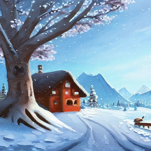 Ghibli style of painting with snowy far away mountain and a small wooden cabin below a large cherry tree, HD, Full color, Oil Painting, Detail, Smooth, Fine, 4K