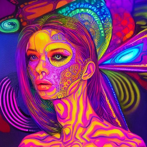a perfect portrait of lady, an extremely psychedelic experience, colorful, surreal, dramatic lighting, LSD, detailed face, intricate, elegant, highly detailed, digital painting, artstation, concept art, smooth, sharp focus, illustration