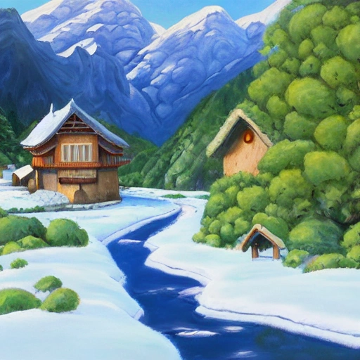 Ghibli style of painting with snowy far away mountain and a small village below the mountain and a little river outside the village, HD, Full color, Oil Painting, Detail, Smooth, Fine, 4K