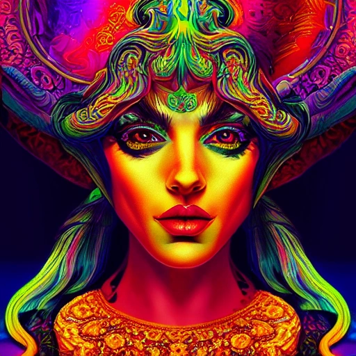 a perfect portrait of lady, an extremely psychedelic experience, colorful, surreal, dramatic lighting, LSD, detailed face, intricate, elegant, highly detailed, digital painting, artstation, concept art, smooth, sharp focus, illustration, 3D